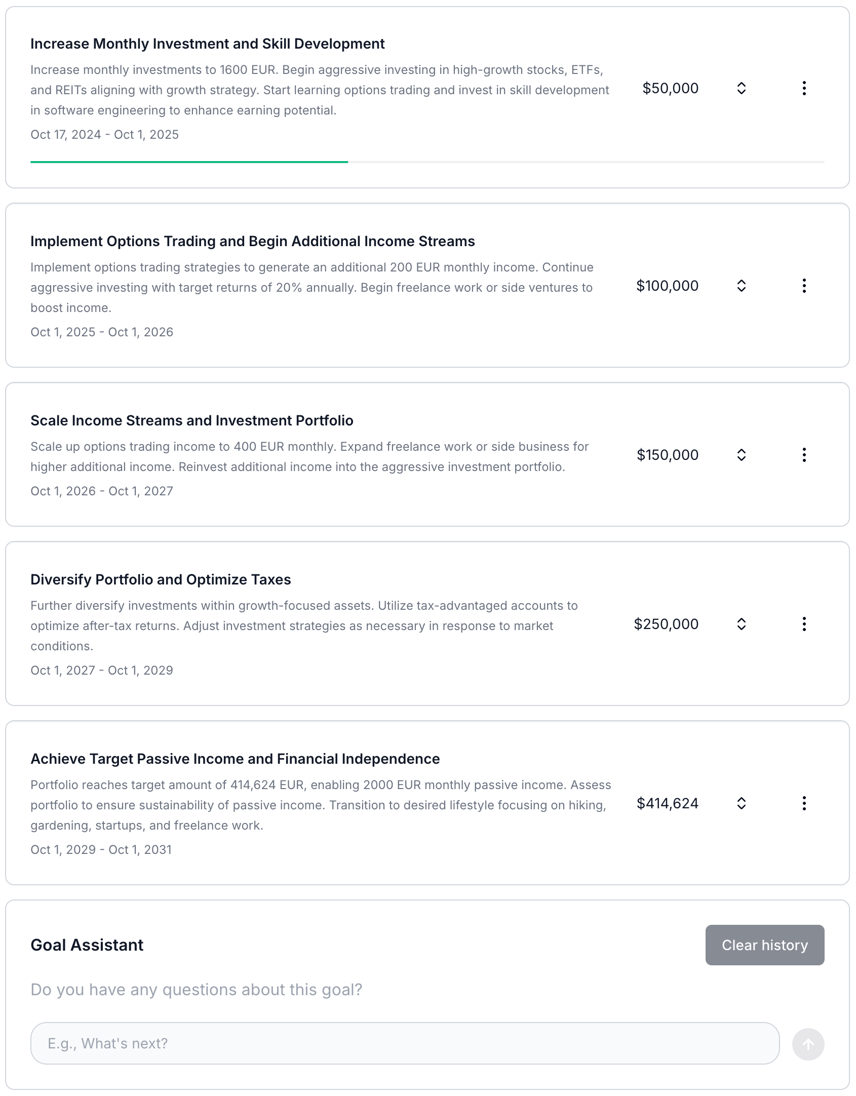 Define your financial independence goals in a conversational chat with our AI, and receive a personalized action plan with milestones.